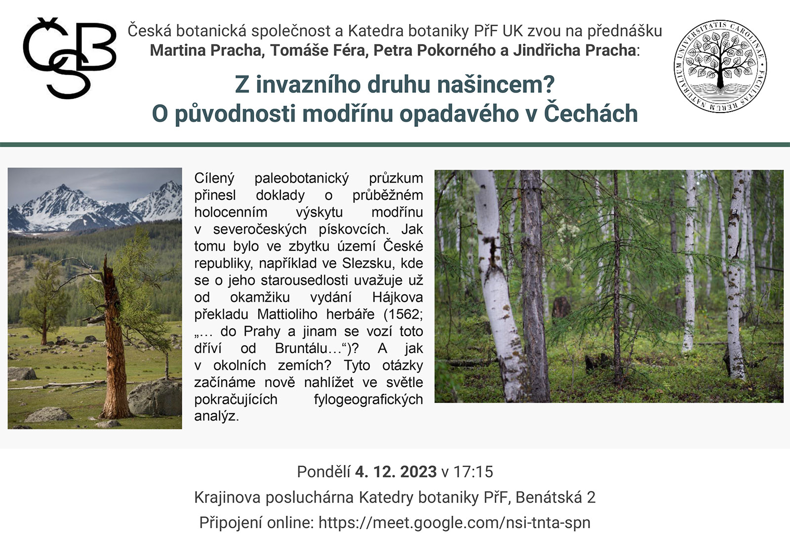 Přednáška pro českou botanickou společnost dne 4. 12. 2023